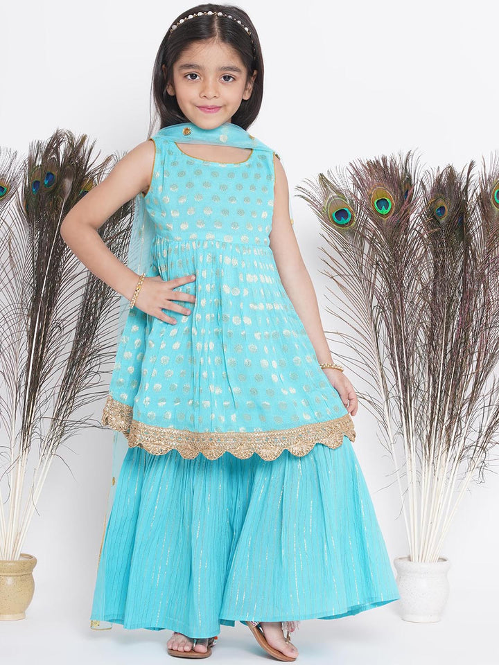 Banarsi Floral Frock Style Kurta with Golden Striped Sharara & Dupatta- Blue | SHOBITAM