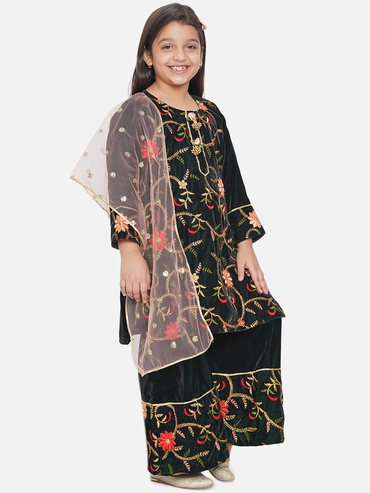 Girls Floral Embrodiery Velvet Kurta Plazzo in Mehendi Green | SHOBITAM