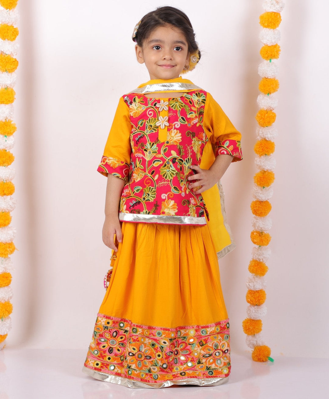 Girls Floral Embroidery Kurta with Mirror Work Lehenga & Dupatta -Yellow and Red | SHOBITAM