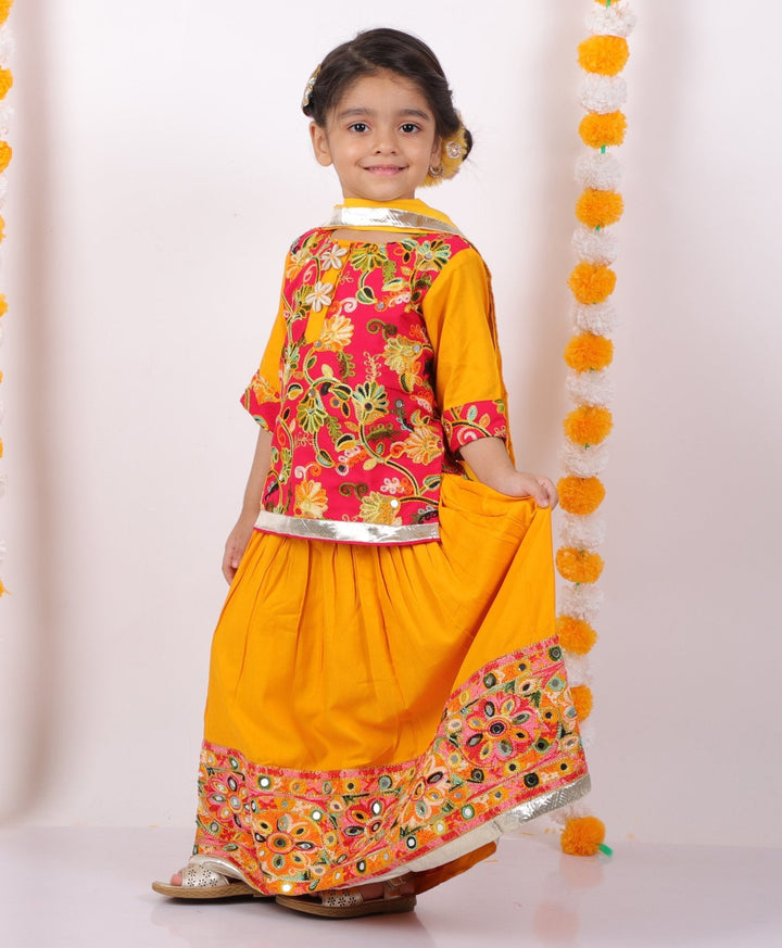 Girls Floral Embroidery Kurta with Mirror Work Lehenga & Dupatta -Yellow and Red | SHOBITAM