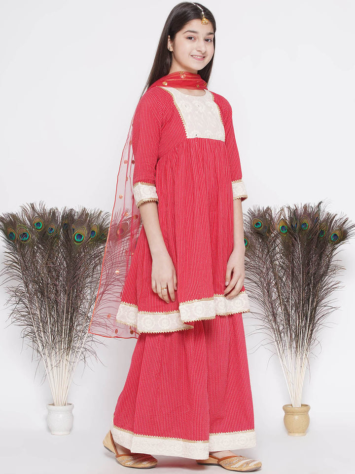 Floral Thread work Frock Style Kurta and Sharara with Dupatta - Red | SHOBITAM