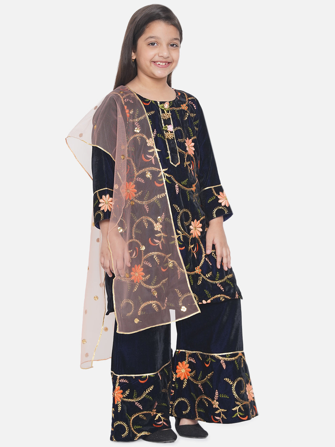Girls Floral Embrodiery Velvet Kurta Plazzo in Royal Blue  | SHOBITAM
