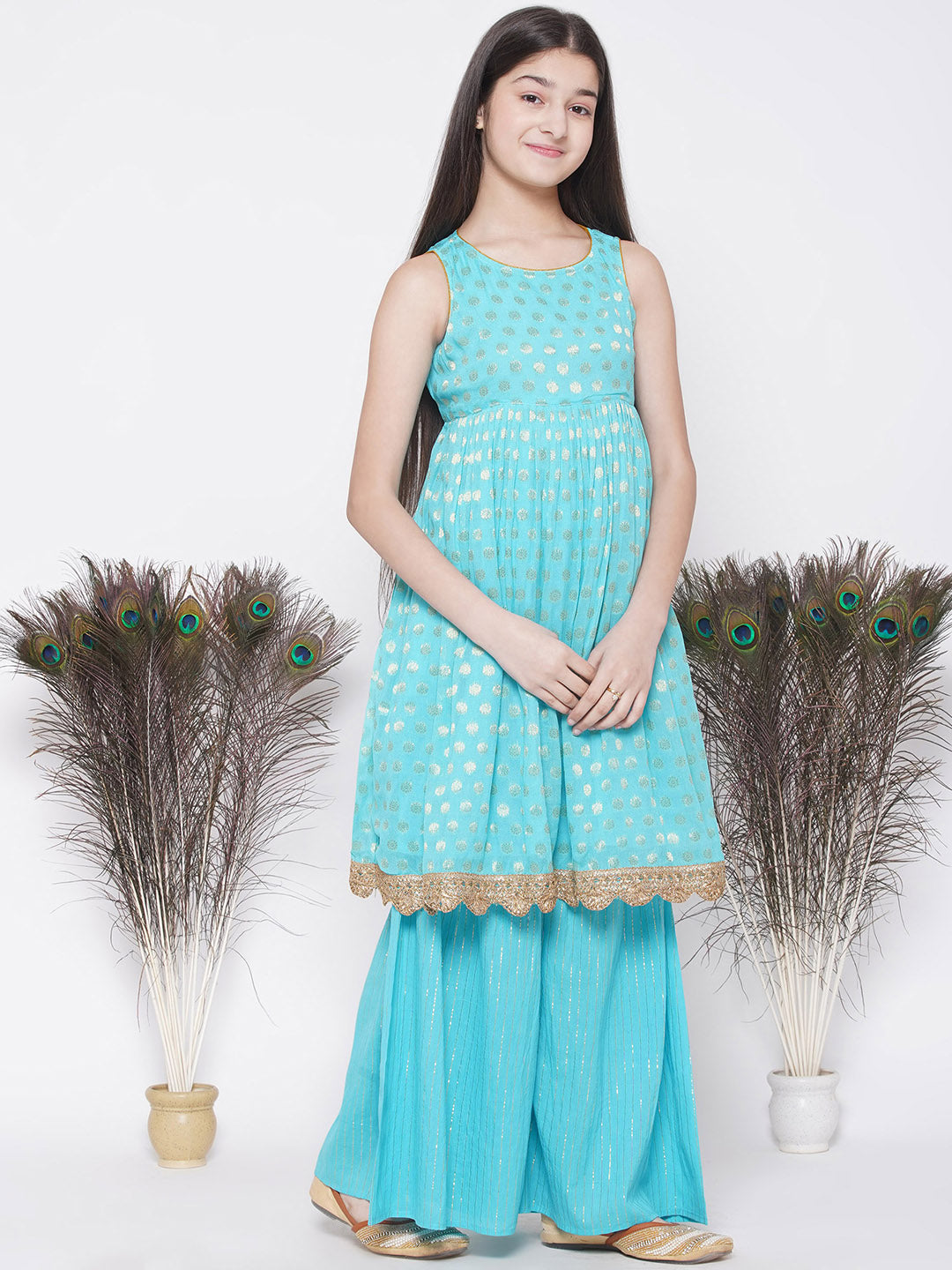 Banarsi Floral Frock Style Kurta with Golden Striped Sharara & Dupatta- Blue | SHOBITAM