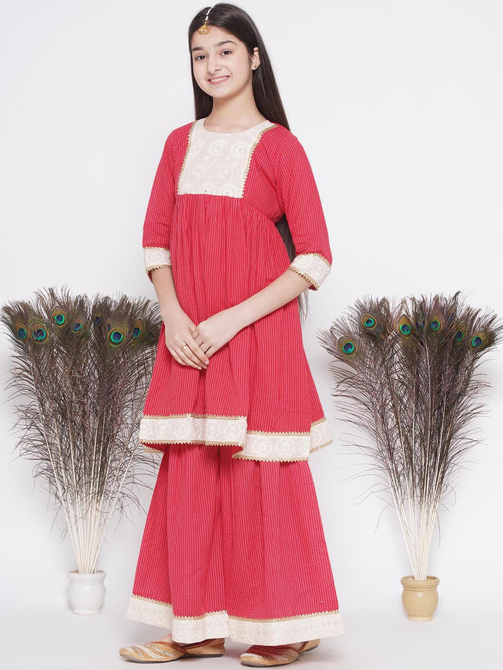 Floral Thread work Frock Style Kurta and Sharara with Dupatta - Red | SHOBITAM
