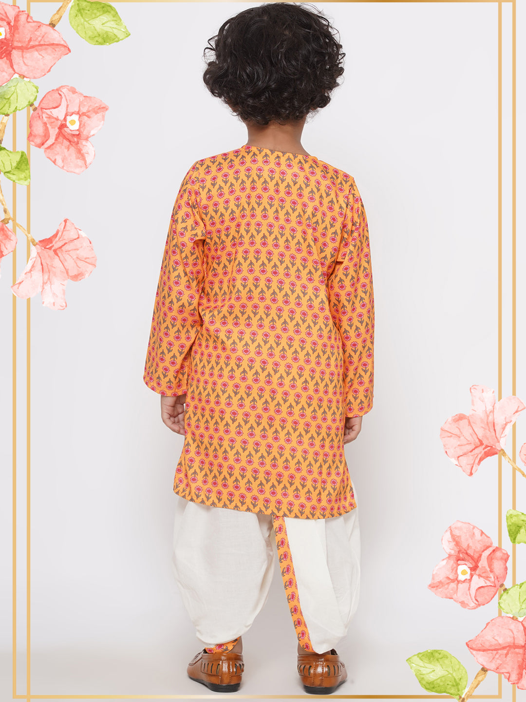 Jaipuri Floral Print Pure Kurta with Dhoti - Yellow | SHOBITAM