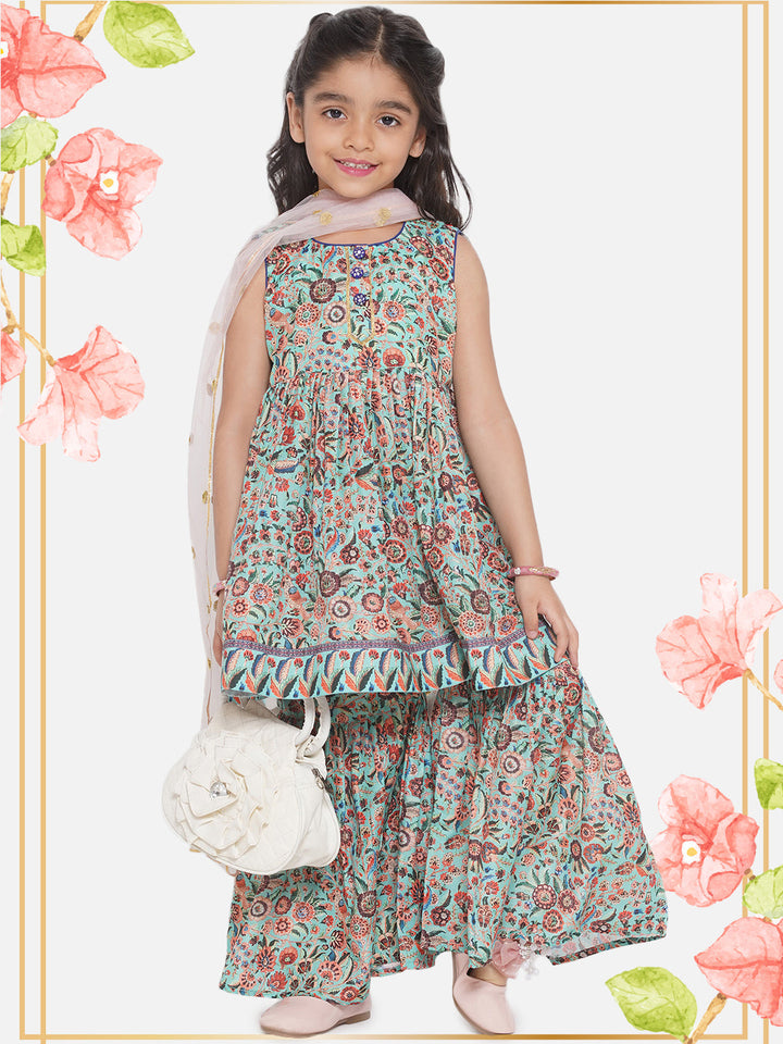 Floral Kurta with Ghera wala Sharara and Dupatta - Green | SHOBITAM