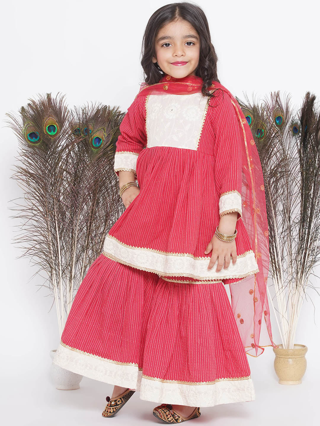 Floral Thread work Frock Style Kurta and Sharara with Dupatta - Red | SHOBITAM