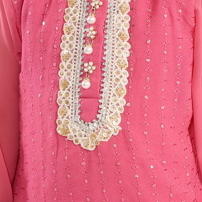 Girls Embroidery Kurta with Floral Pearl Button and Lehenga in Pink | SHOBITAM