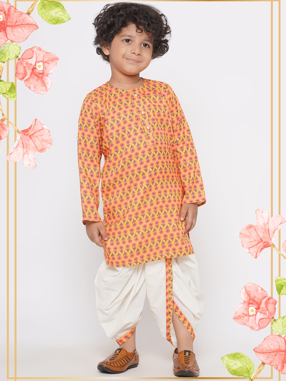 Jaipuri Floral Print Pure Kurta with Dhoti - Yellow | SHOBITAM