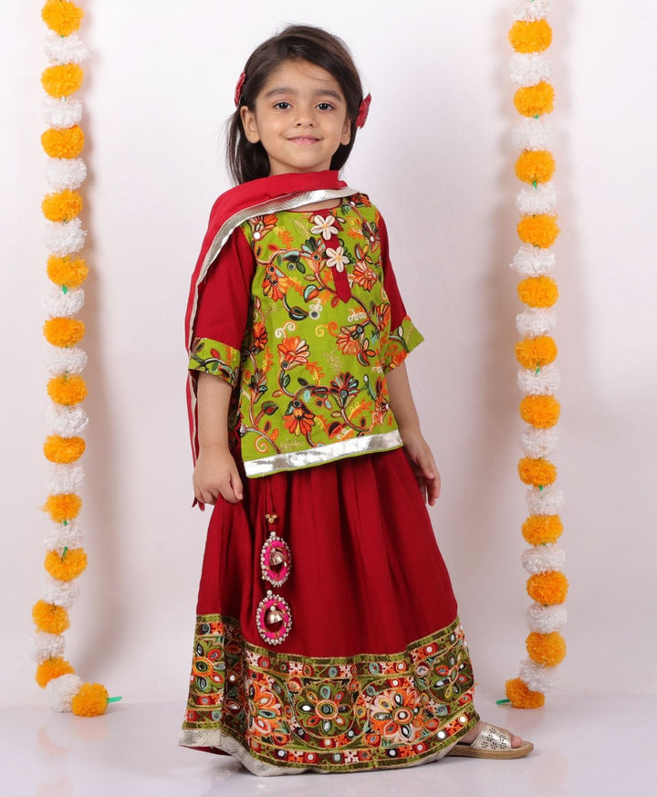 Girls Floral Embroidery Kurta with Mirror Work Lehenga and Dupatta - Maroon | SHOBITAM