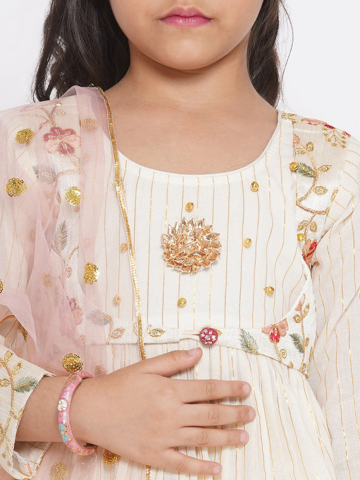 Floral Embroidery Jacket with Gold Strip Frock with Sharara & Dupatta - Cream | SHOBITAM