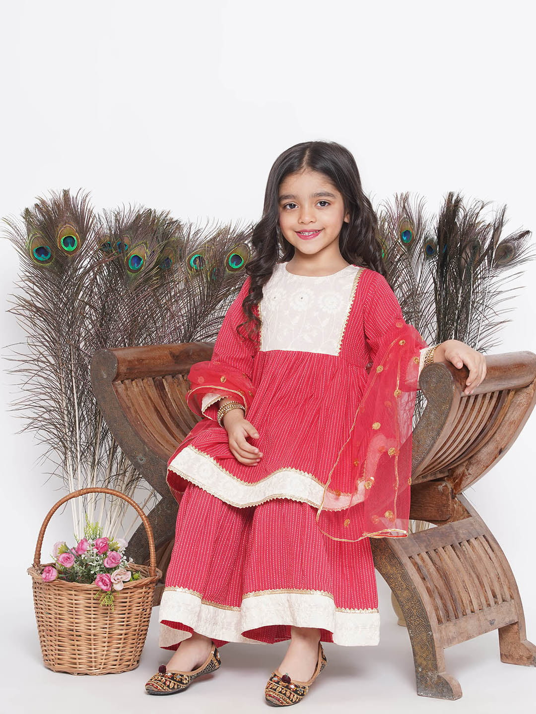 Floral Thread work Frock Style Kurta and Sharara with Dupatta - Red | SHOBITAM