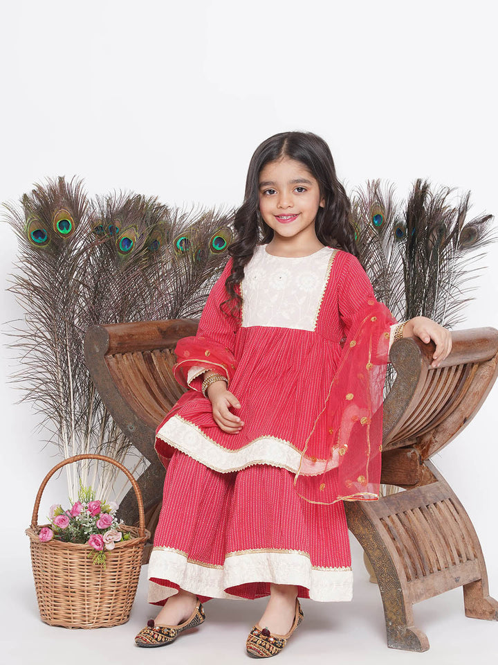 Floral Thread work Frock Style Kurta and Sharara with Dupatta - Red | SHOBITAM