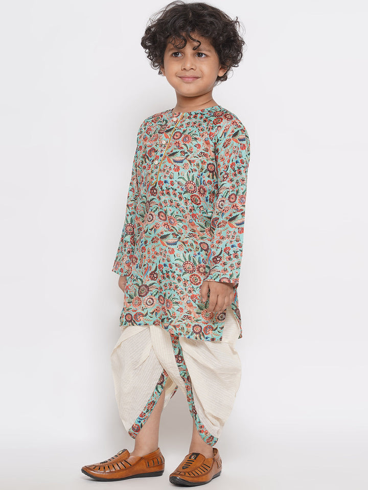 || No Fabric Name || Boys Floral Print Kurta with Pearl Button & Thread work Dhoti - Green & Cream | SHOBITAM