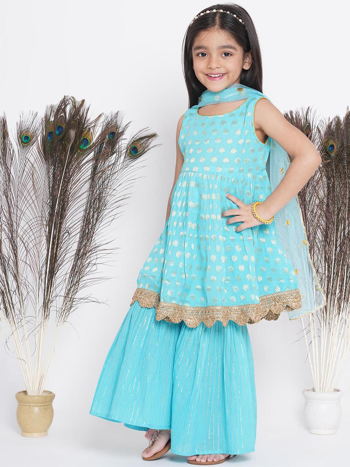 Banarsi Floral Frock Style Kurta with Golden Striped Sharara & Dupatta- Blue | SHOBITAM