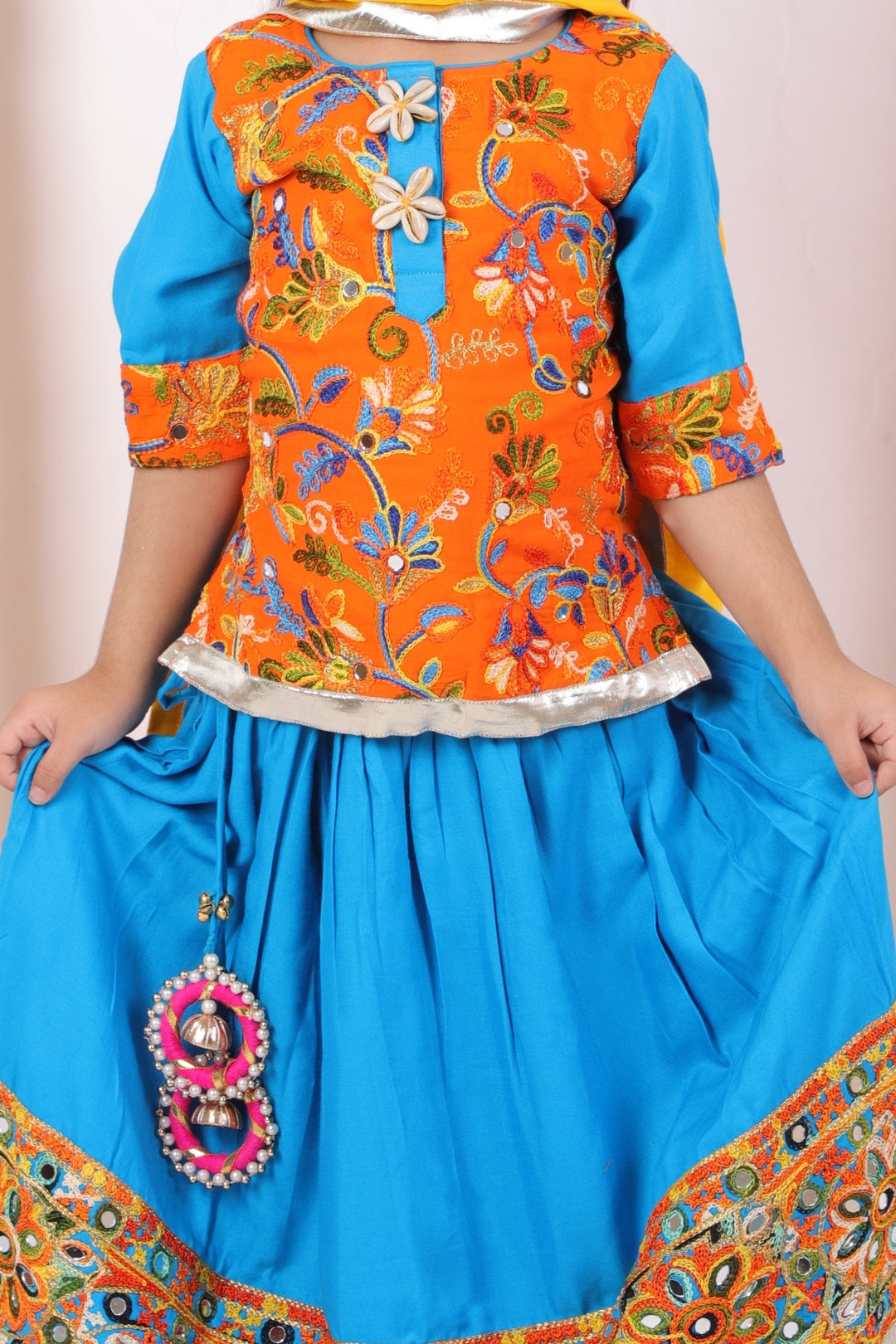Girls Floral Embroidery Kurta with Mirror Work Lehenga & Dupatta - Orange & Blue | SHOBITAM