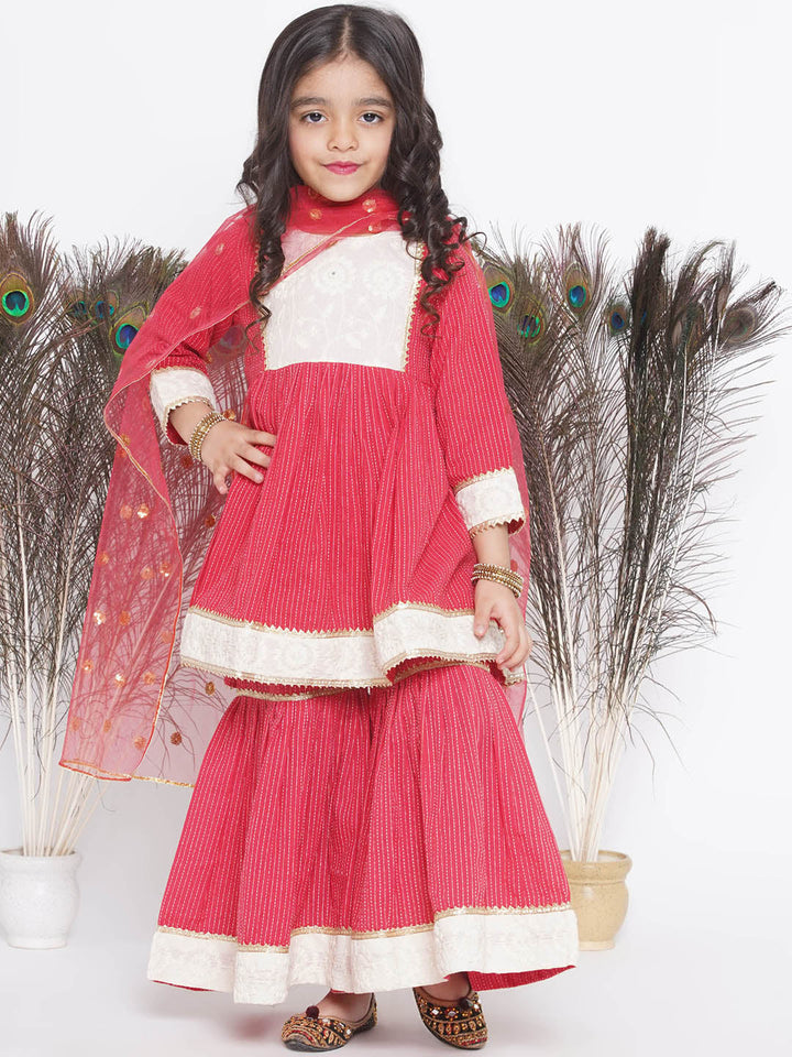Floral Thread work Frock Style Kurta and Sharara with Dupatta - Red | SHOBITAM