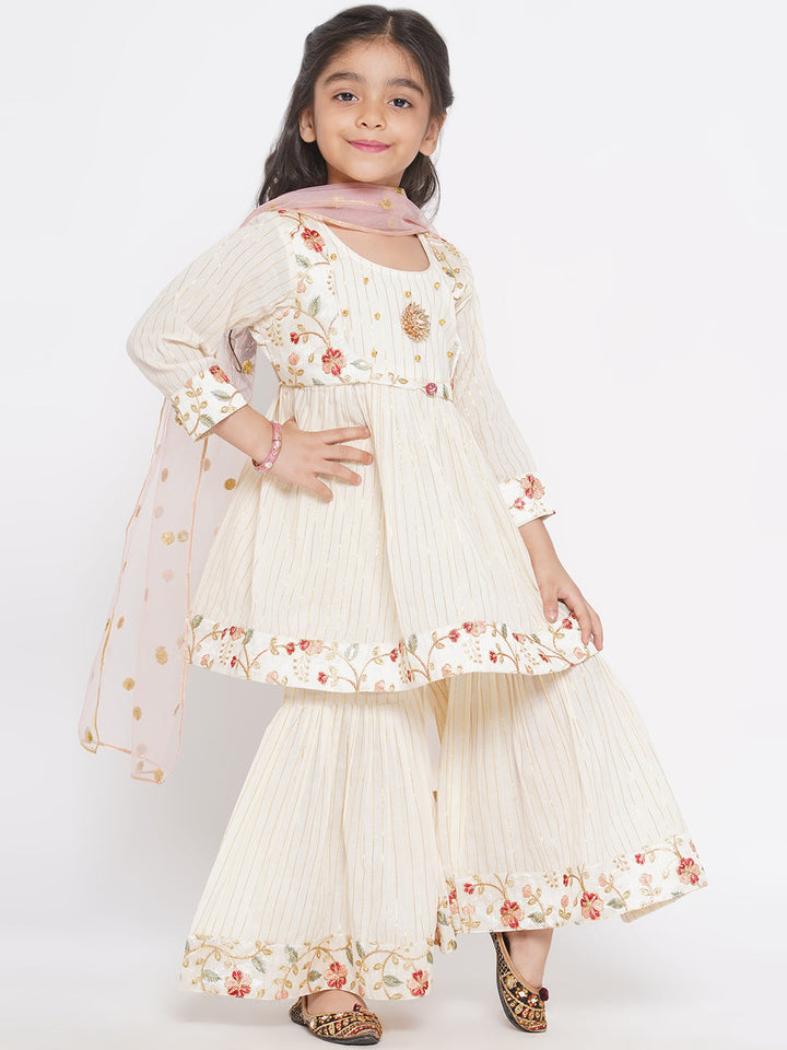 Floral Embroidery Jacket with Gold Strip Frock with Sharara & Dupatta - Cream | SHOBITAM