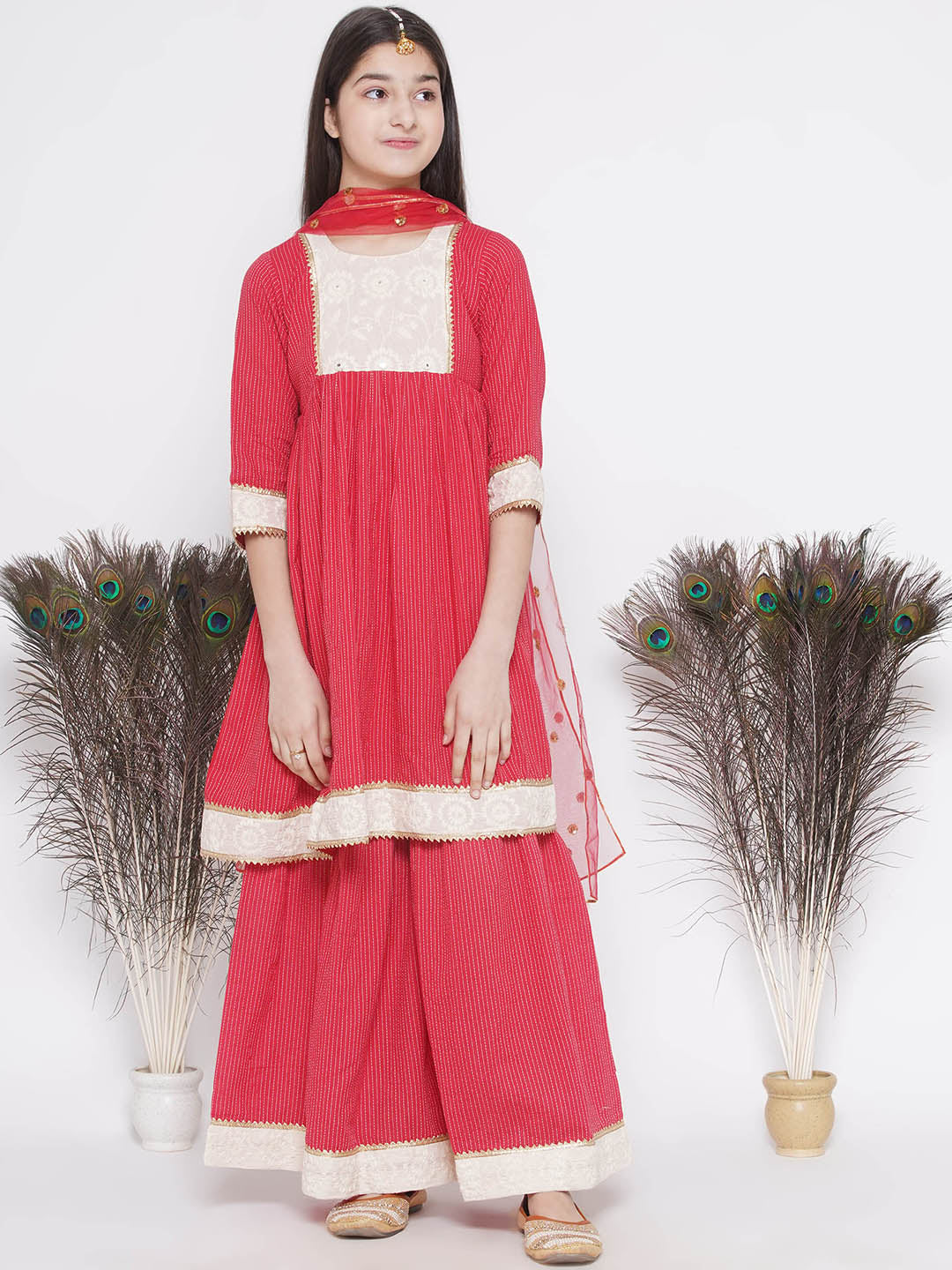 Floral Thread work Frock Style Kurta and Sharara with Dupatta - Red | SHOBITAM