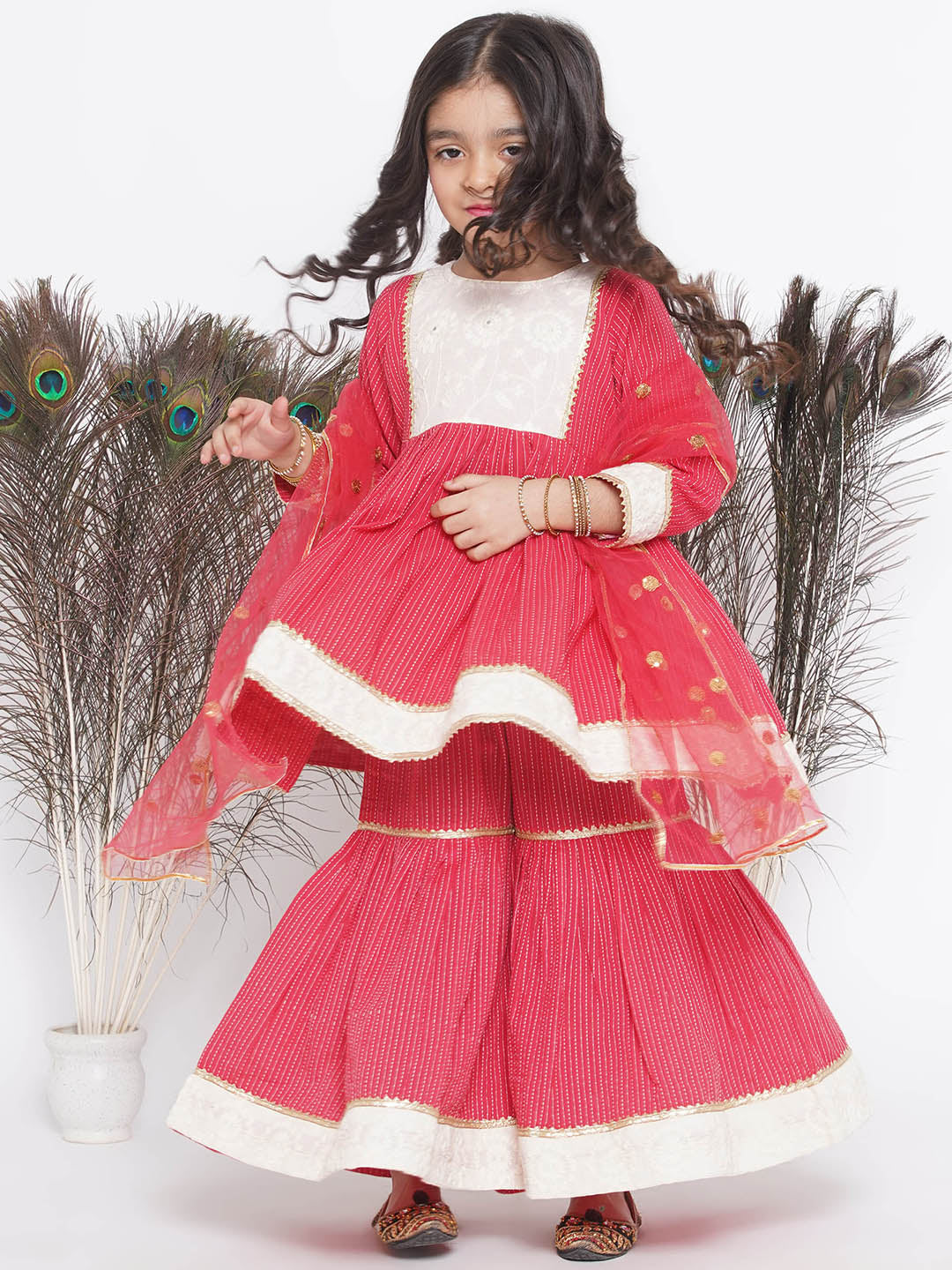 Floral Thread work Frock Style Kurta and Sharara with Dupatta - Red | SHOBITAM