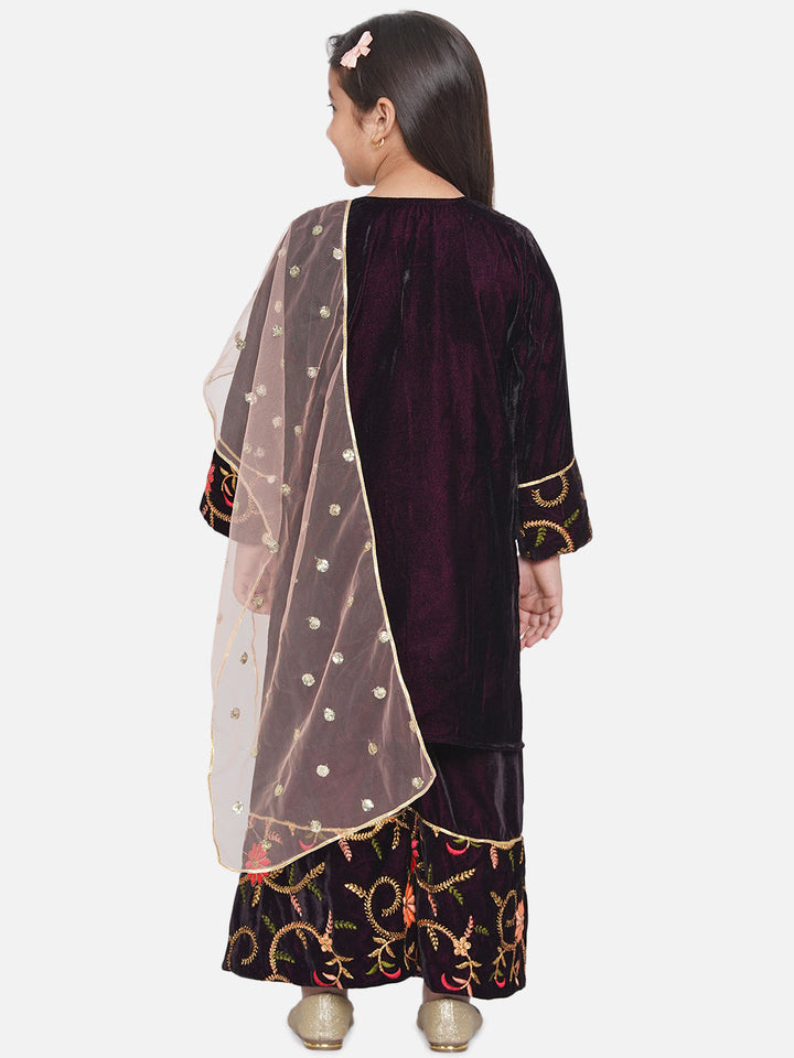 Girls Floral Embroidery Velvet Kurta Plazzo in Violet | SHOBITAM