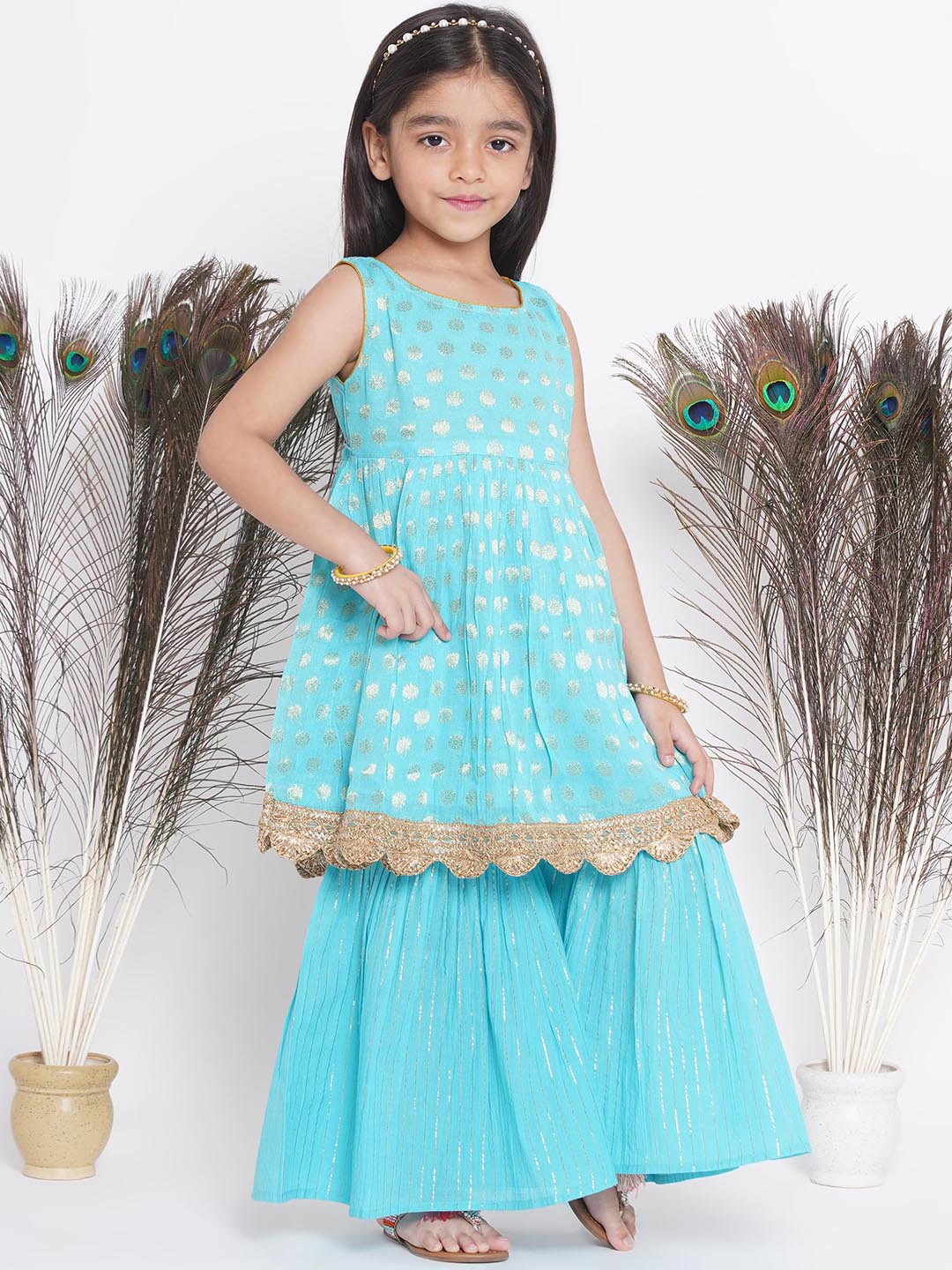 Banarsi Floral Frock Style Kurta with Golden Striped Sharara & Dupatta- Blue | SHOBITAM