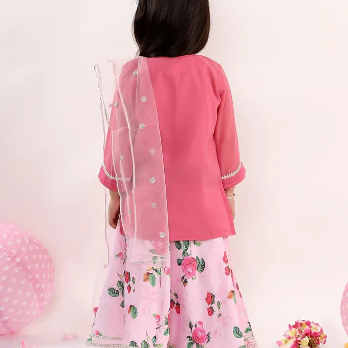 Girls Embroidery Kurta with Floral Pearl Button and Lehenga in Pink | SHOBITAM