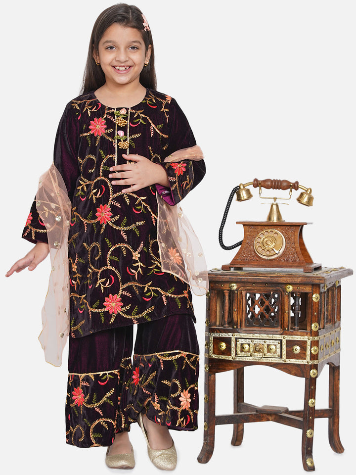 Girls Floral Embroidery Velvet Kurta Plazzo in Violet | SHOBITAM