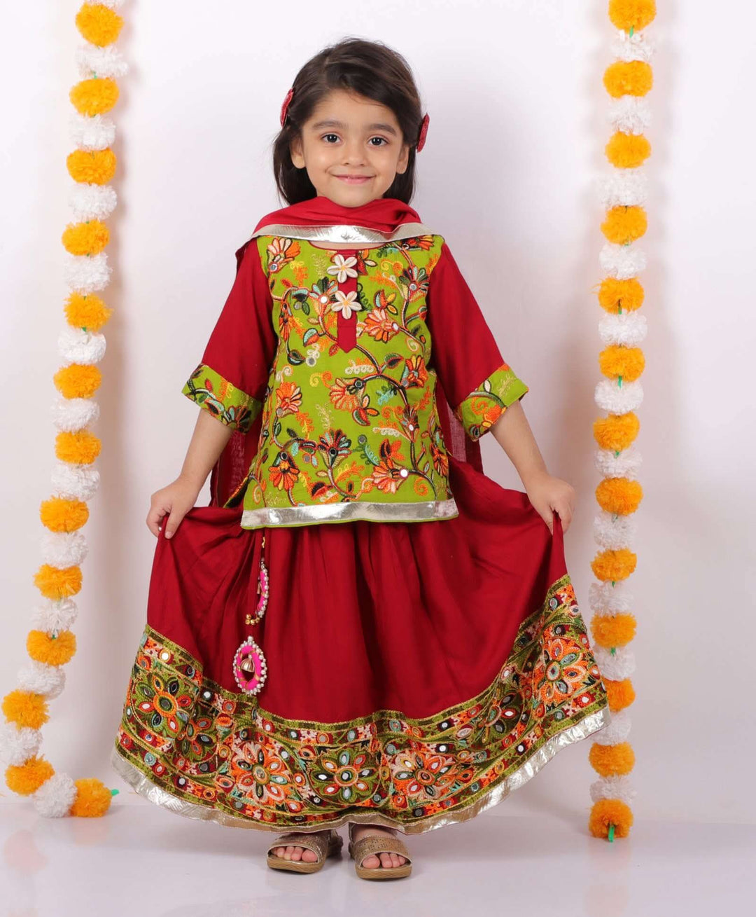 Girls Floral Embroidery Kurta with Mirror Work Lehenga and Dupatta - Maroon | SHOBITAM