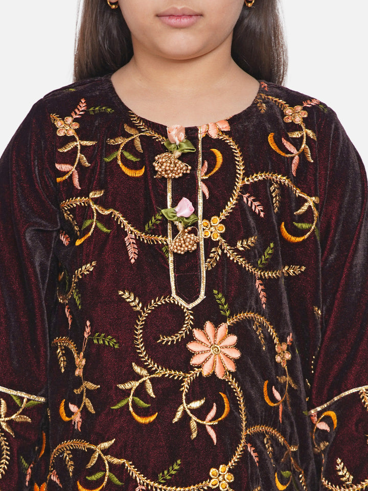 Girls Floral Embroidery Velvet Kurta Palazzo in Mahroon | SHOBITAM