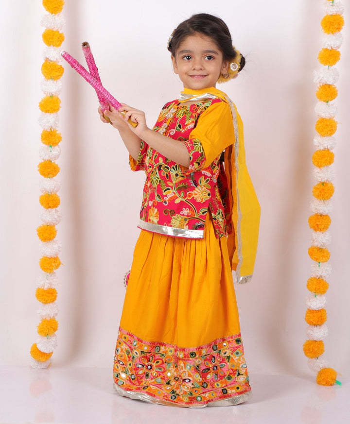 Girls Floral Embroidery Kurta with Mirror Work Lehenga & Dupatta -Yellow and Red | SHOBITAM