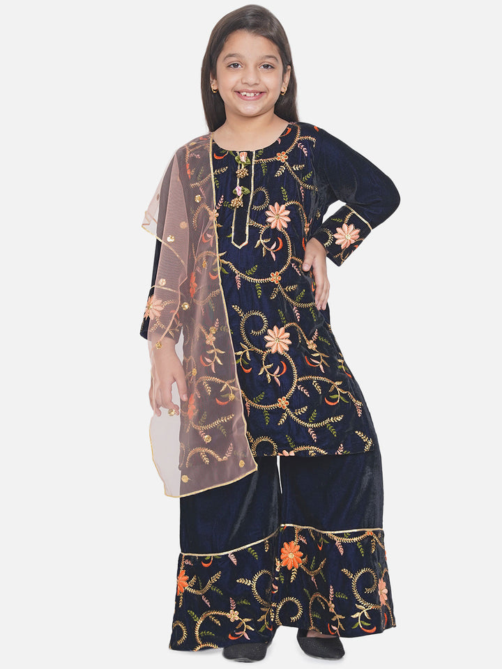 Girls Floral Embrodiery Velvet Kurta Plazzo in Royal Blue  | SHOBITAM