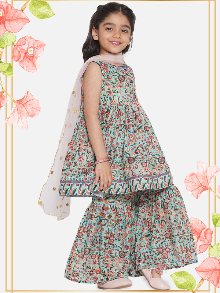 Floral Kurta with Ghera wala Sharara and Dupatta - Green | SHOBITAM