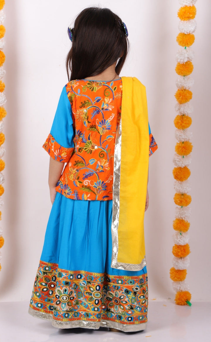 Girls Floral Embroidery Kurta with Mirror Work Lehenga & Dupatta - Orange & Blue | SHOBITAM