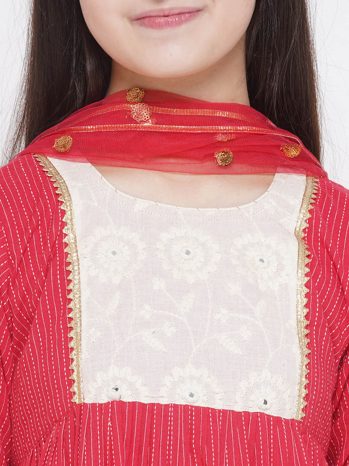 Floral Thread work Frock Style Kurta and Sharara with Dupatta - Red | SHOBITAM