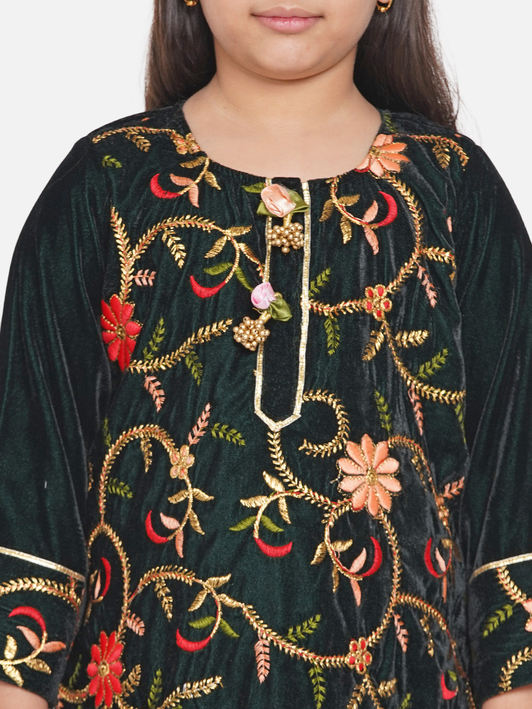 Girls Floral Embrodiery Velvet Kurta Plazzo in Mehendi Green | SHOBITAM