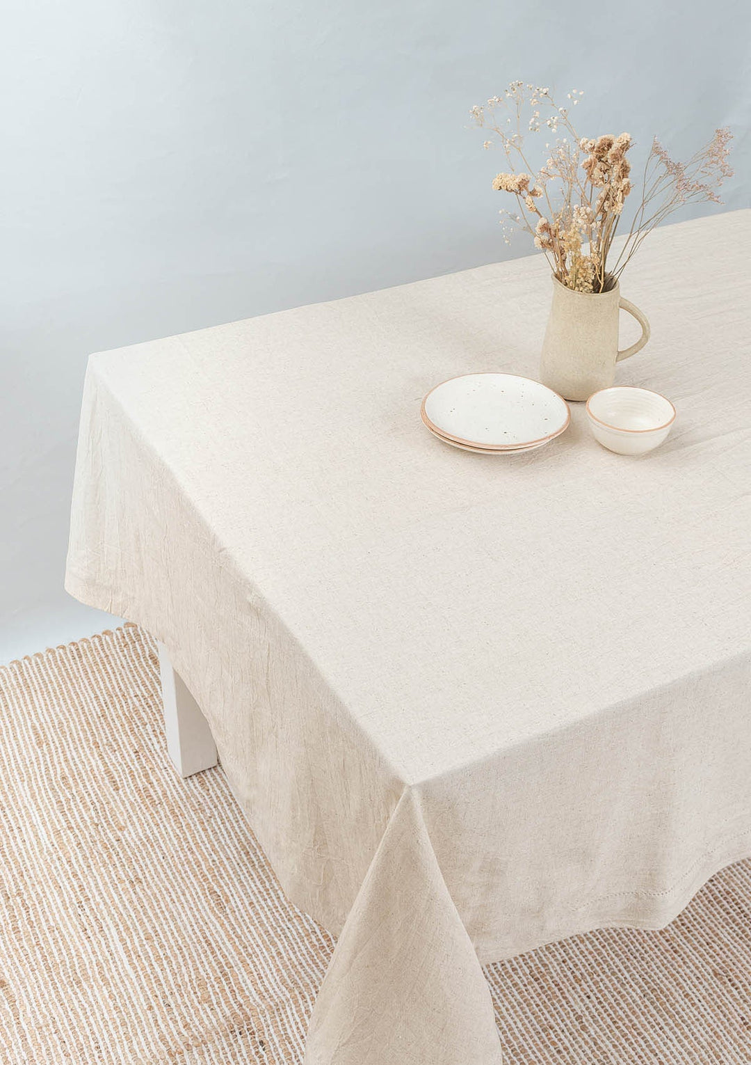 Earthy solid linen textured table cloth for 4 seater or 6 seater - Beige | SHOBITAM
