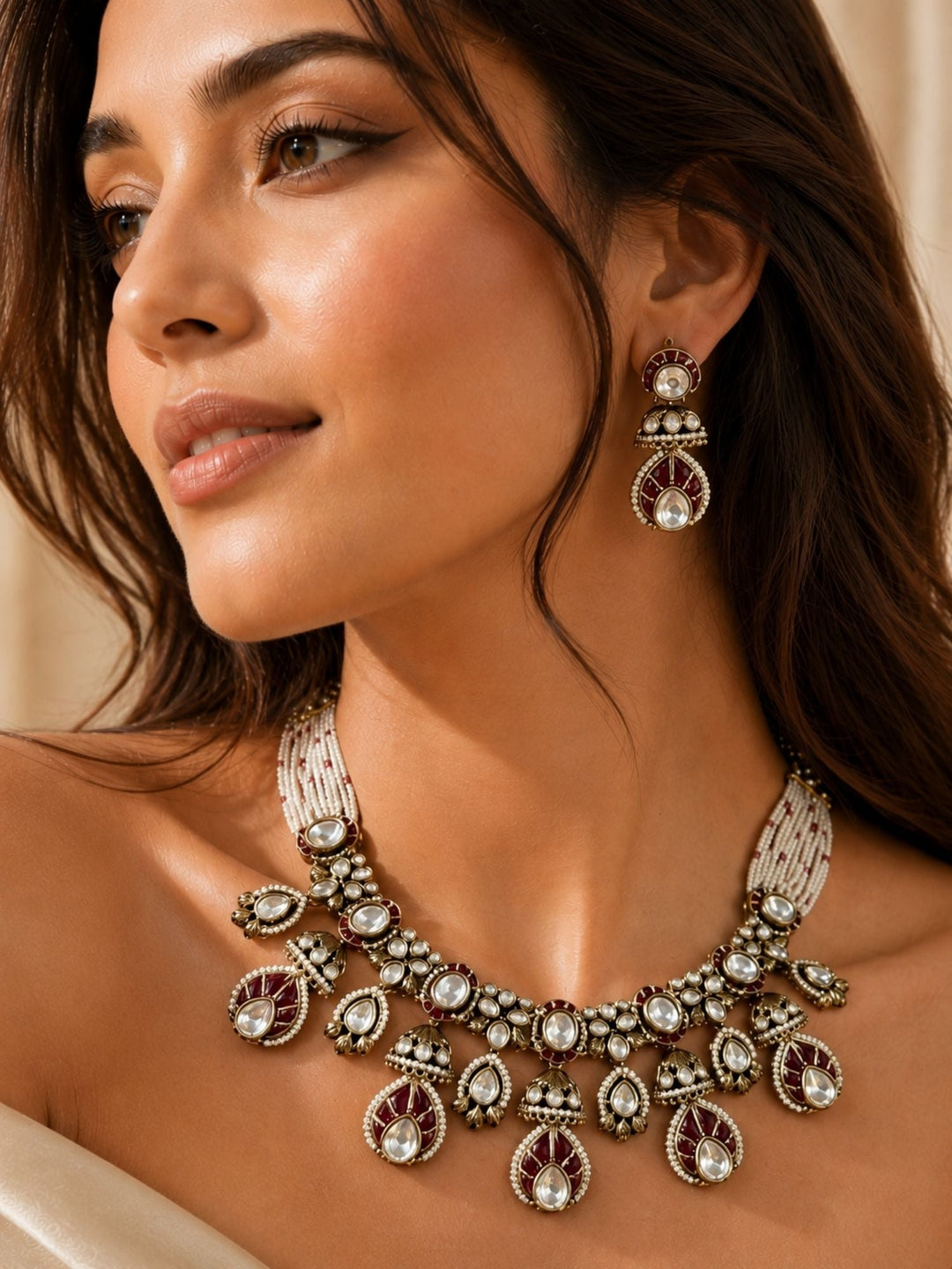 Ruby Kundan Choker Necklace Set in Gold Plating – Bridal | SHOBITAM