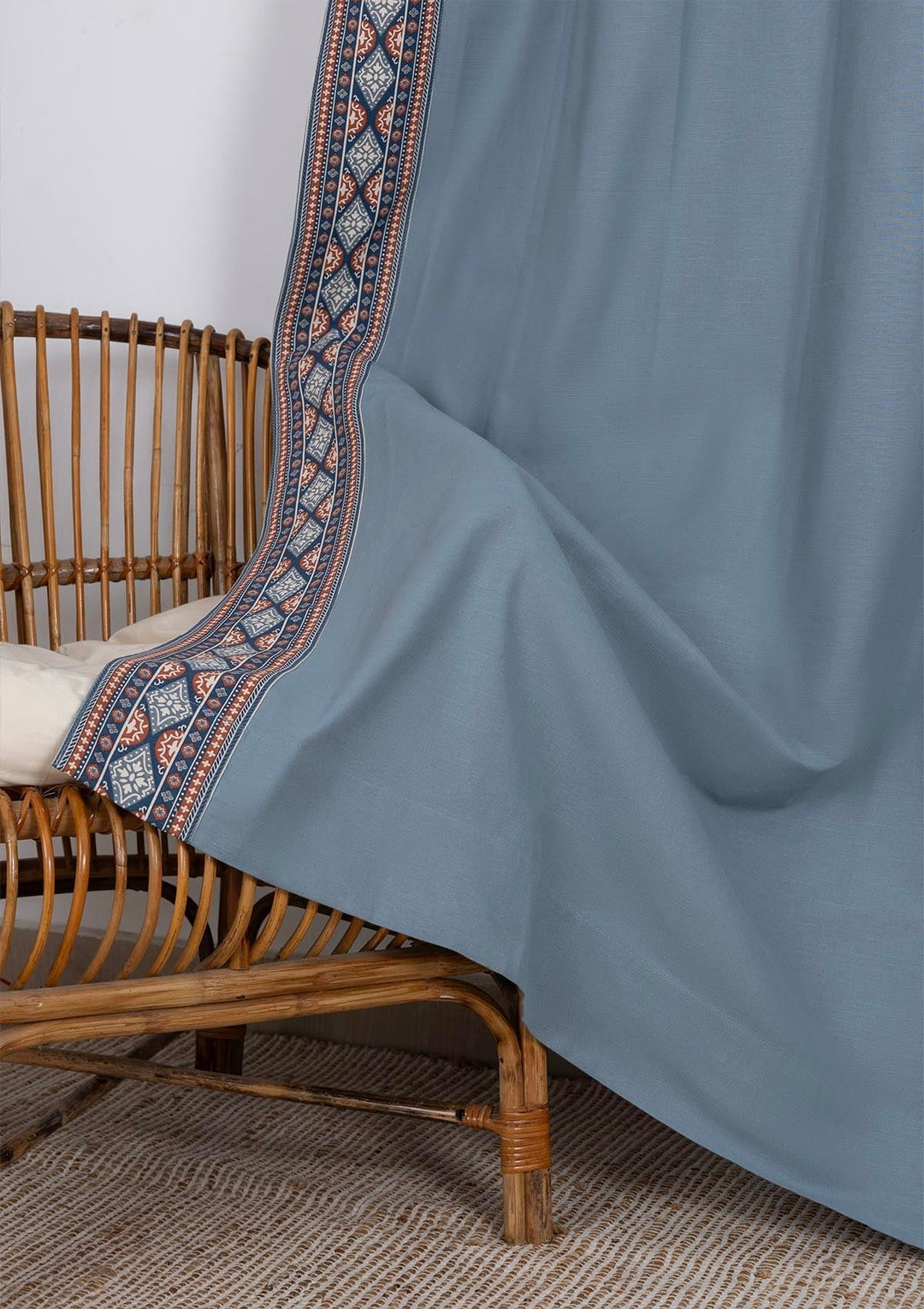 Tara Mist Blue 100% Cotton Curtain with Trim for living room & bedroom - Room Darkening - Mist Blue - Single Piece | SHOBITAM