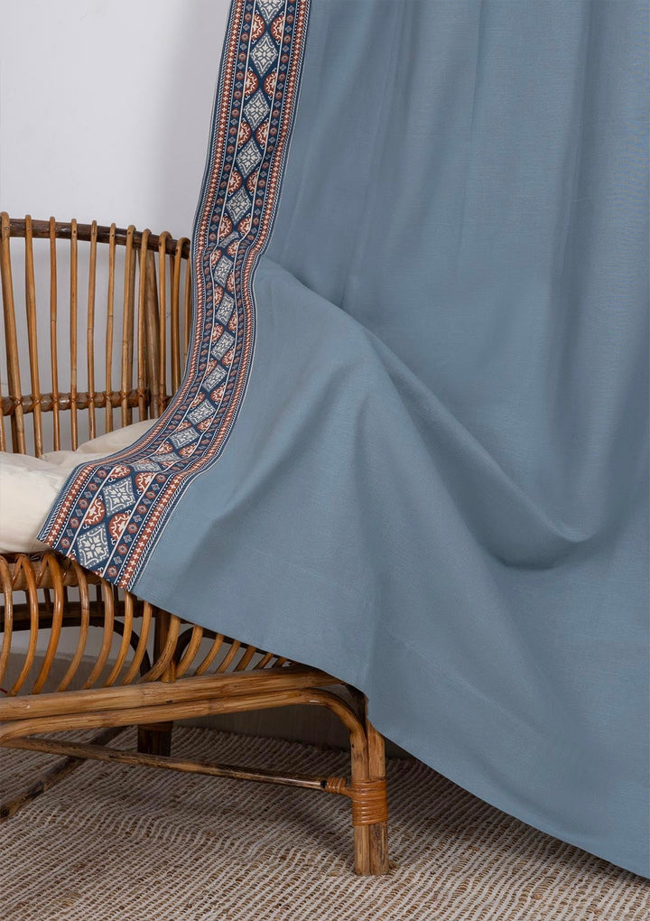 Tara Mist Blue 100% Cotton Curtain with Trim for living room & bedroom - Room Darkening - Mist Blue - Single Piece | SHOBITAM