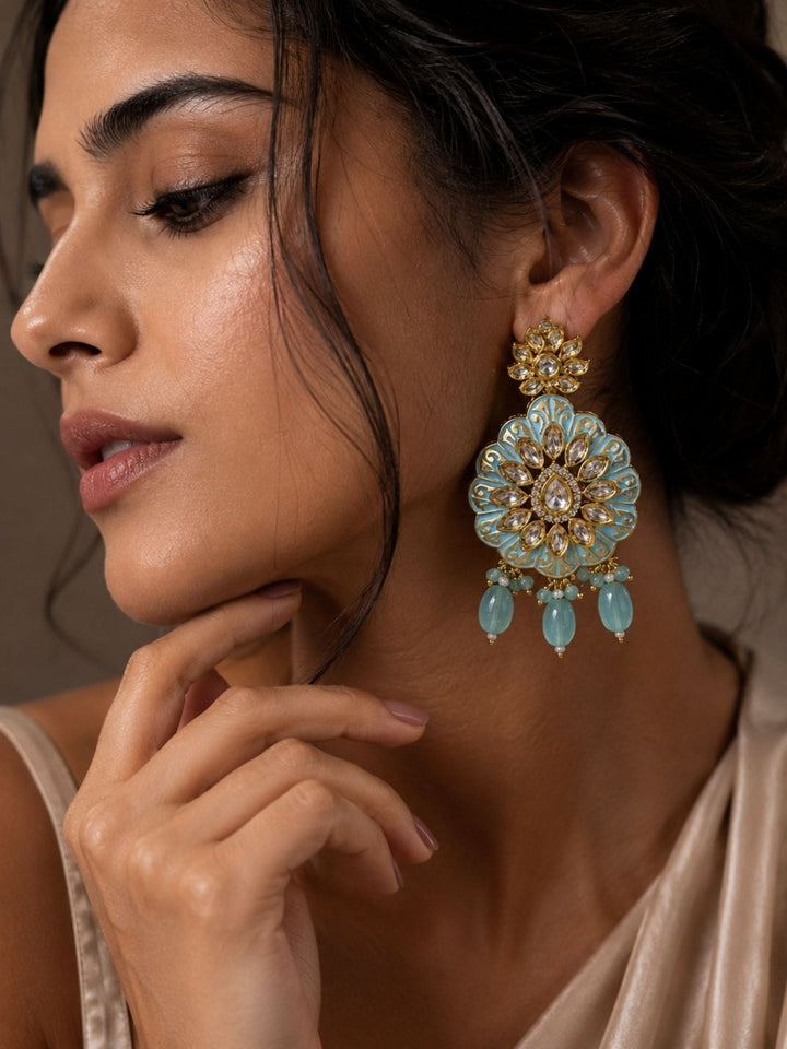 Sky Blue Kundan Statement Earrings in Gold Finish – Festive Wear | SHOBITAM