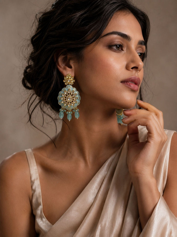 Sky Blue Kundan Statement Earrings in Gold Finish – Festive Wear | SHOBITAM