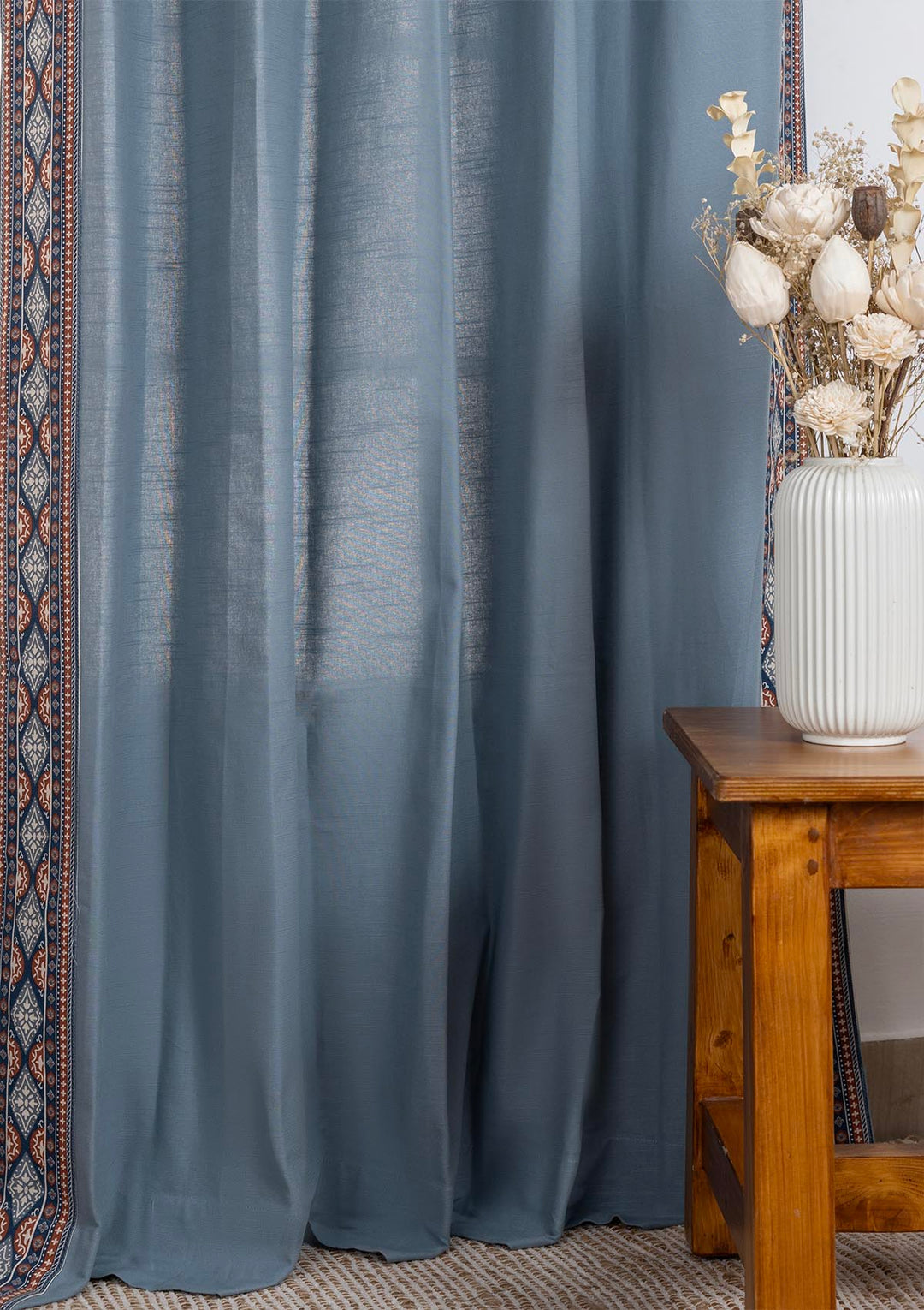 Tara Mist Blue 100% Cotton Curtain with Trim for living room & bedroom - Room Darkening - Mist Blue - Single Piece | SHOBITAM