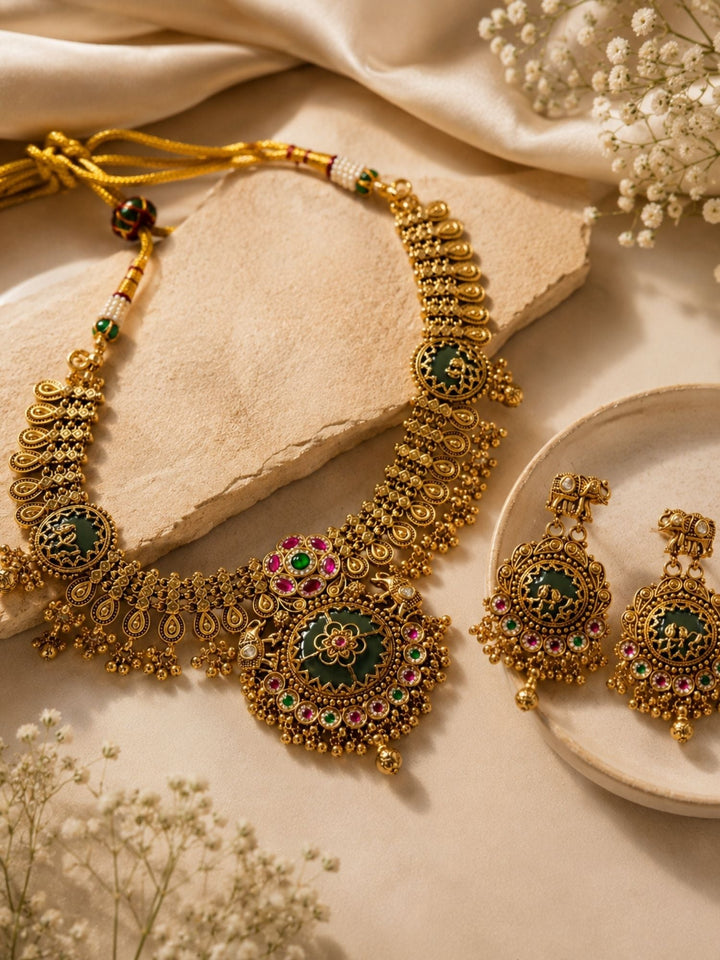 Temple Necklace Set in Gold Plating – Bridal | SHOBITAM