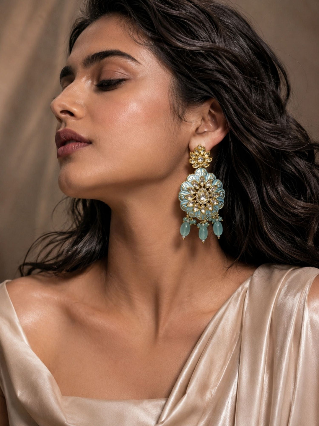 Sky Blue Kundan Statement Earrings in Gold Finish – Festive Wear | SHOBITAM