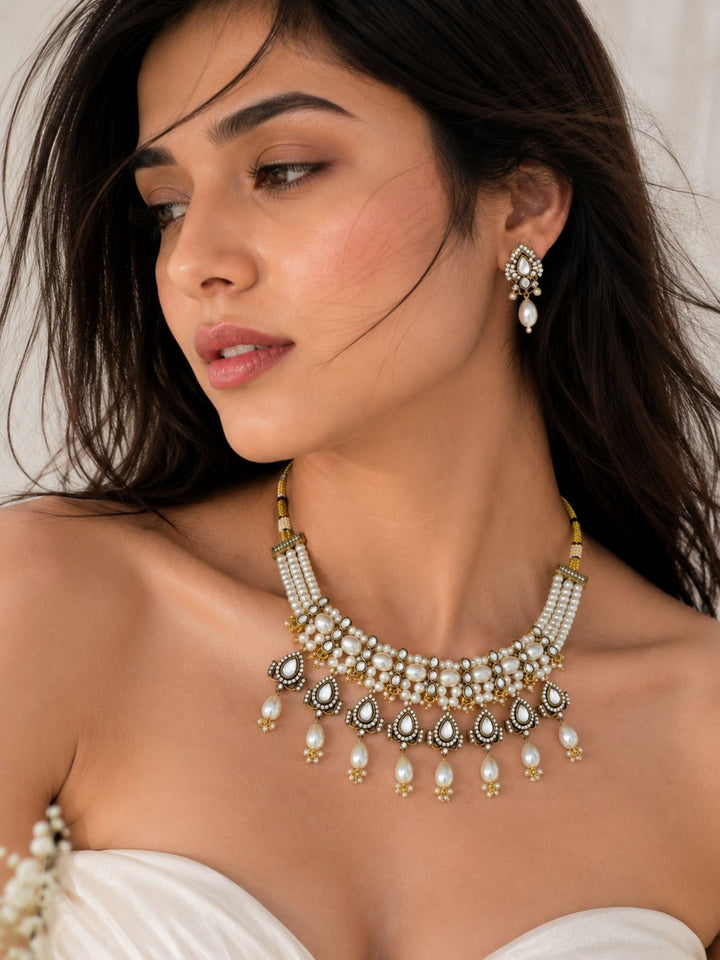 Pearl Kundan Choker Set in Antique Oxidised Gold – Bridal | SHOBITAM