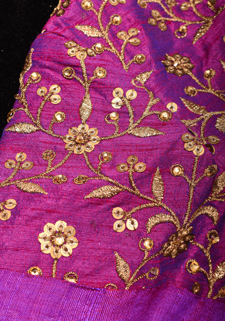 Pure Raw Silk Blouse in Purple with golden Jaal embroidered Yoke,Made to Order