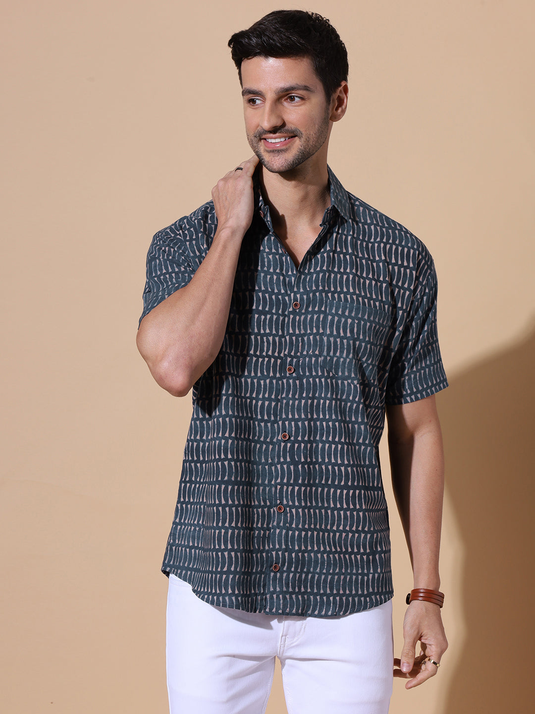 Regal Indigo Ajrakh Half Sleeve Artisan Print Shirt in Indigo for Men