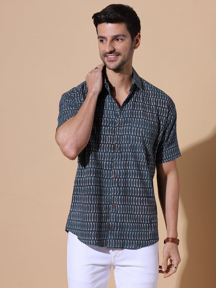 Regal Indigo Ajrakh Half Sleeve Artisan Print Shirt in Indigo for Men