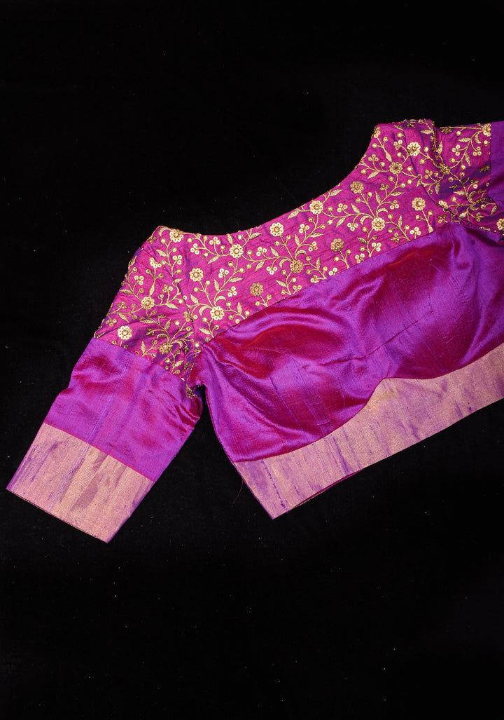 Pure Raw Silk Blouse in Purple with golden Jaal embroidered Yoke,Made to Order